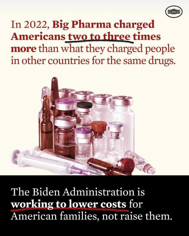 Plakat mit Text, der besagt, dass Big Pharma 2022 Amerikanern zwei bis drei Mal so viel für dieselben Medikamente berechnet hat wie in anderen Ländern, neben Bildern von Medikamentenflaschen und einer Spritze.