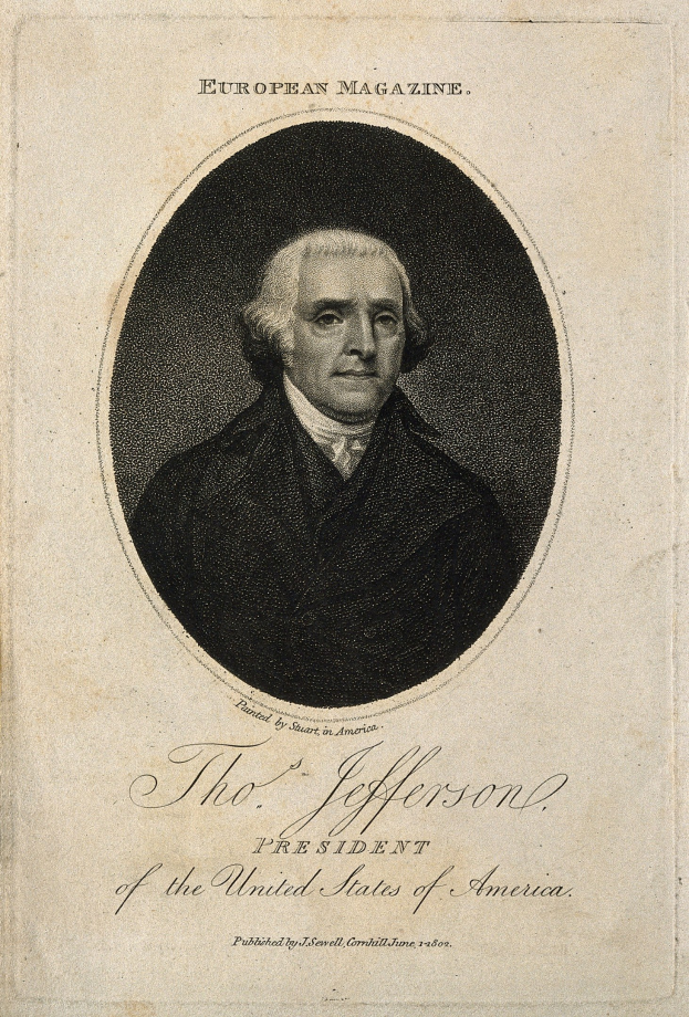 Portrait von Thomas Jefferson, Präsident der Vereinigten Staaten, auf dem Cover des European Magazine, in Schwarzanzug und weißem Hemd mit ernstem Gesichtsausdruck, zurückgekämmtes Haar, direkt in die Kamera schauend, mit großer weißer Magazintitel-Schrift über dem Kopf.