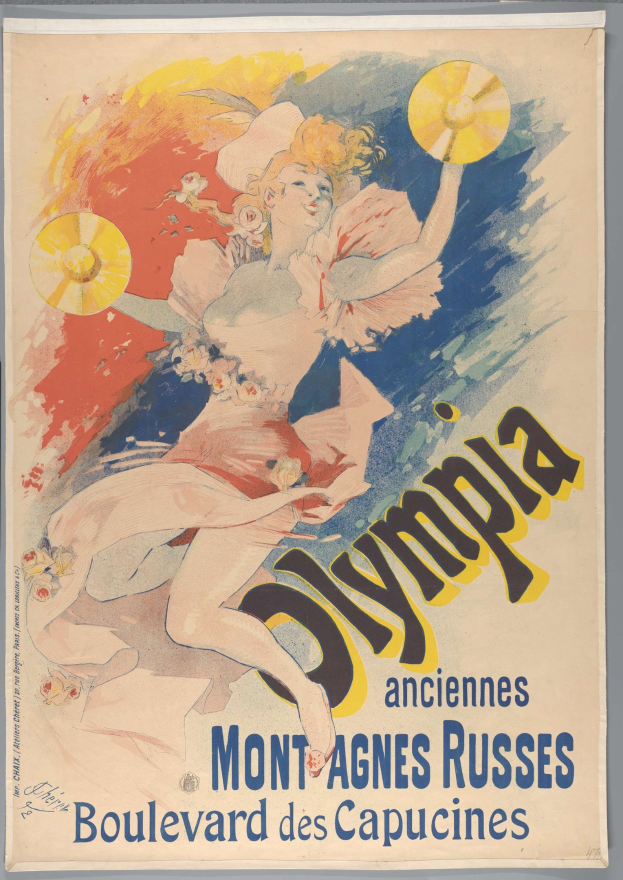Ein Plakat, das die Olympischen Spiele in Mont-Agnes-Russes, Frankreich, ankündigt und eine Frau mit einem menschlichen Gesicht zeigt, die ein buntes Kleid trägt und einen Fächer hält, mit Text, der das Ereignis beschreibt.