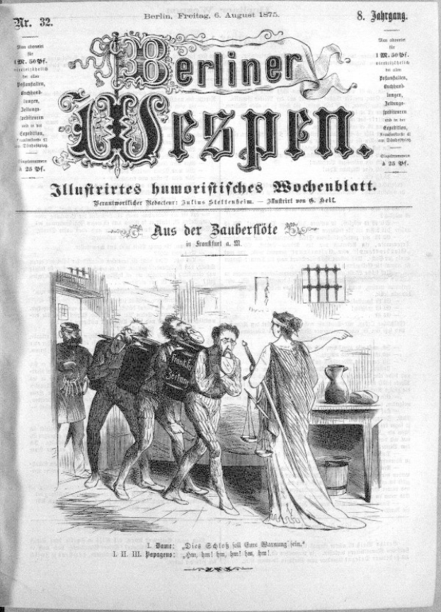 Eine schwarze und weiße Zeitung vom 6. August 1875 mit der Überschrift 'Berliner Wespn', die eine Zeichnung einer Gruppe von Menschen in Not zeigt, einige schauen ängstlich nach oben und andere verwirrt nach unten.