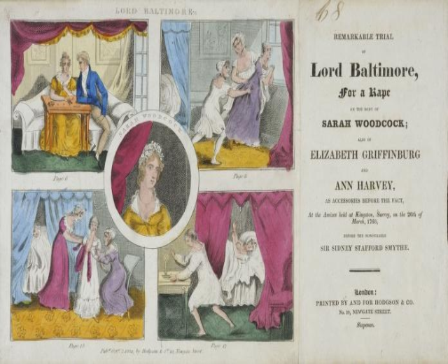 Ein historisches Dokument einer Gerichtsverhandlung, das ein Blatt Papier mit Porträts, Vorhängen und Text zeigt.