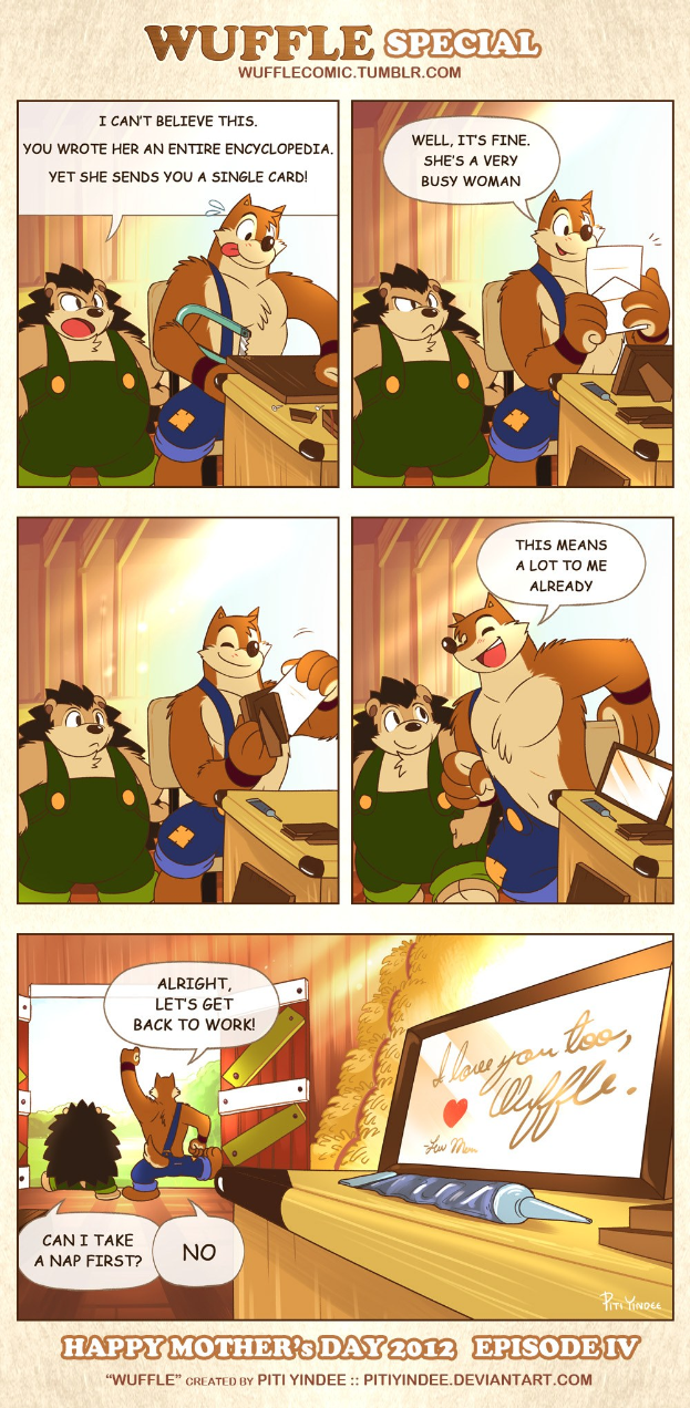 Ein Plakat mit einem hellgelben Hintergrund zeigt eine Comic-Strip-Szene eines Mannes in einem blauen Hemd und einer strahlenden Frau, mit der Aufschrift 'Frohe Muttertags' in einer fröhlichen Schriftart.