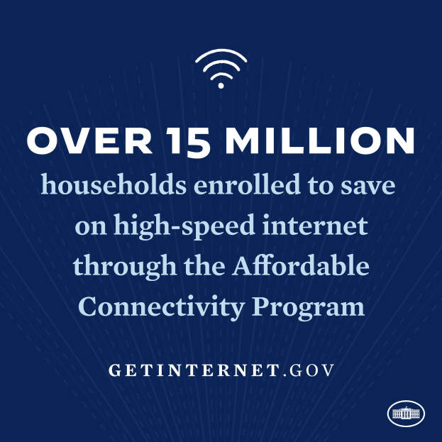 Plakat für das bezahlbare Verbindungsprogramm, das über 15 Millionen Haushalte für den Hochgeschwindigkeitsinternet-Einsparungen angemeldet hat, mit Programmdetails und Vorteilen.