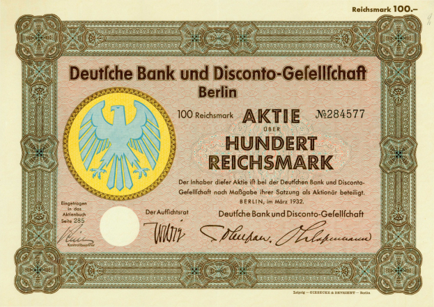 Eine alte deutsche Banknote mit einer Vogeldarstellung und dem Text 'Deutsche Bank und Disconto-Gefellichaft Berlin'.