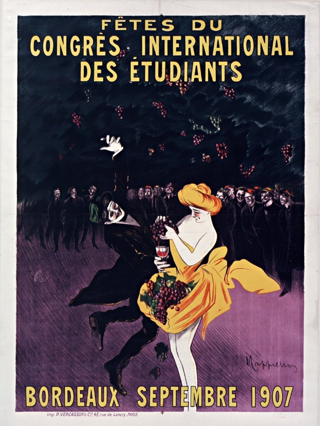 Plakat aus dem Jahr 1907, das ein Weinprobe-Event in Bordeaux, Frankreich, bewirbt, mit einer Frau in einem gelben Kleid, die ein Weinglas hält, umgeben von einer Gruppe von Menschen.