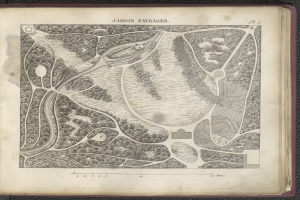 Ein altes Buch mit einer detaillierten Karte eines Parks auf dem Cover, das Bäume, Sträucher und andere Vegetation sowie Textinformationen zum Park zeigt.