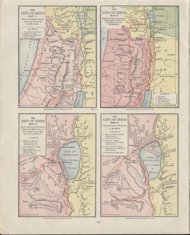 Ein altes Buch mit einer detaillierten Karte des Nahen Ostens und Israels, die geografische Merkmale wie Berge, Flüsse und Städte zeigt.