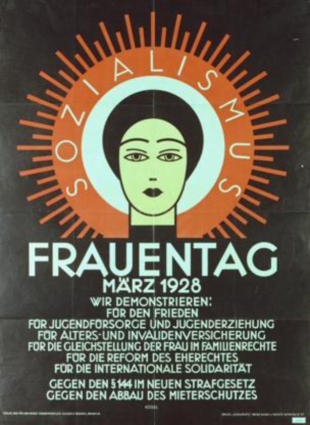 Plakat für die Internationale Solidaritätsbewegung im Jahr 1928 mit dem Wort "Frauentag" in fetter schwarzer Schrift über einem Frauenkopf.