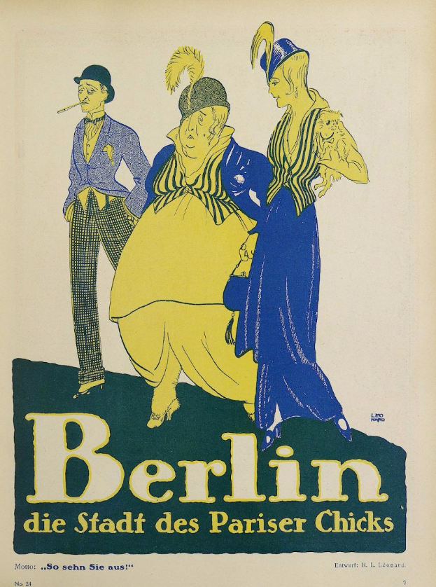 Plakat für ein Konzert in Berlin, Deutschland, mit einer Gruppe farbig gekleideter Menschen vor einem Gebäude mit der Aufschrift "Berlin - Die Stadt des Pariser Chicks" oben drauf.