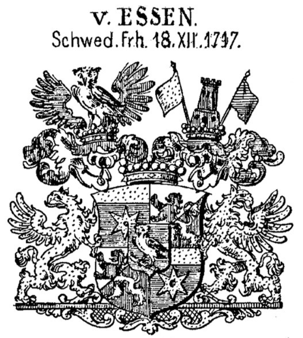 Schwarz-weißes Wappen von Essen, Deutschland, mit Text oben und unten.