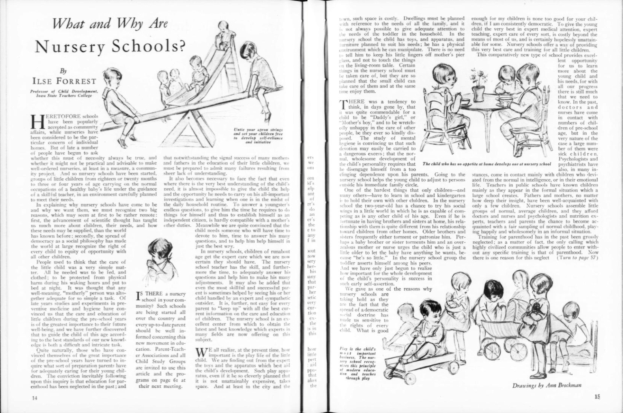 Ein aufgeschlagenes Buch mit einer Zeichnung von Kindern, die in einer Kita spielen, und einem begleitenden Text sowie einer Tabelle mit verschiedenen Gegenständen.