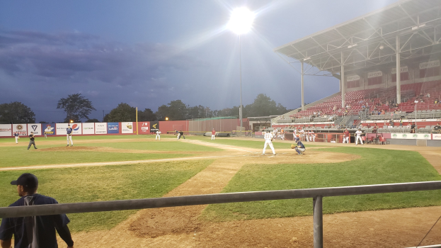 Baseball-Spiel im Jahn-Stadion mit Zuschauern auf den Tribünen, Geländer im Vordergrund, Bäume, Masten, Lichter, Werbetafeln und blauem Himmel im Hintergrund.