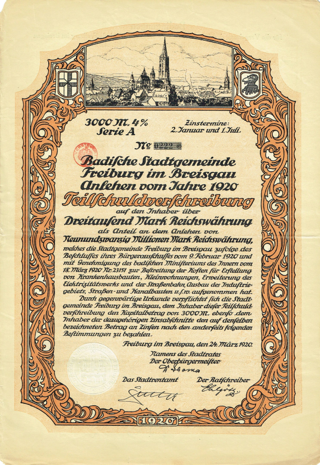 Altes deutsches Aktienzertifikat mit einer Stadtansicht und gedrucktem Text, das likely die Herkunft der Aktie angibt.