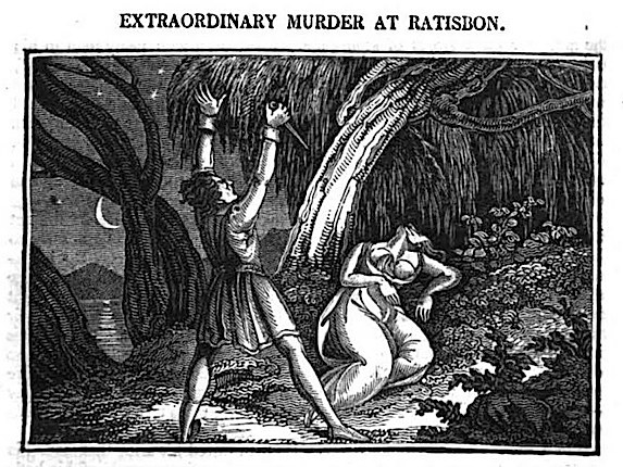 Schwarze und weiße Illustration eines Mannes und einer Frau in einem Wald mit Bäumen im Hintergrund, mit Text oben und unten, der "Außergewöhnlicher Mord in Ratison" lautet.