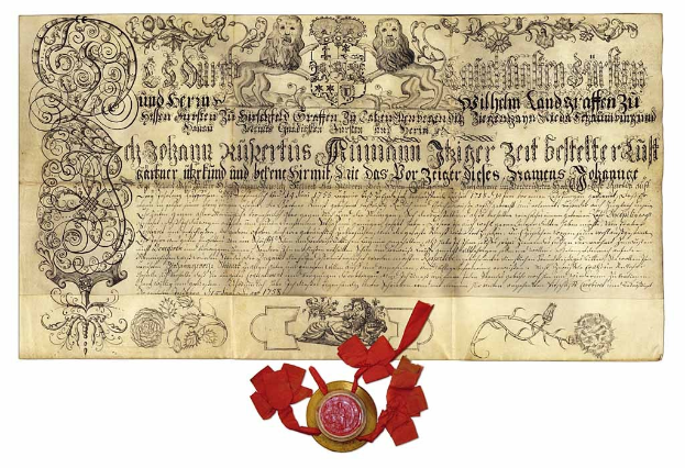 Alter Dokument mit roter Schleife, Text, Bildern und Wachssiegel unten, ähnelt einer Aktie.