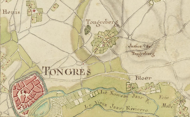 Detailierte alte Karte von Tongres-Stadt, die Straßen, Gebäude und Sehenswürdigkeiten mit Text zeigt.