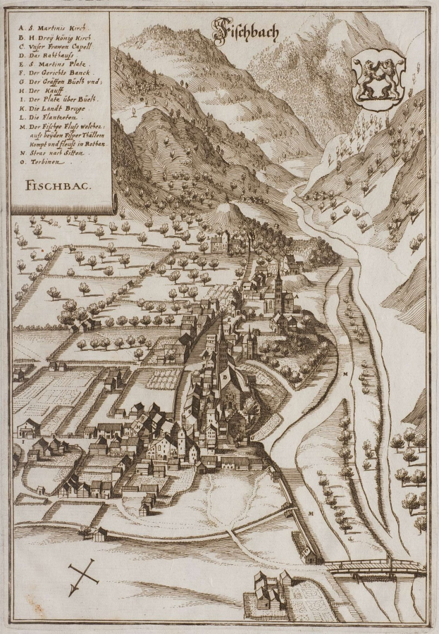 Alte Karte von Fischbach, Deutschland, zeigt Häuser, Bäume, Hügel, einen gewundenen Fluss, Text und ein Logo auf altem Papier.
